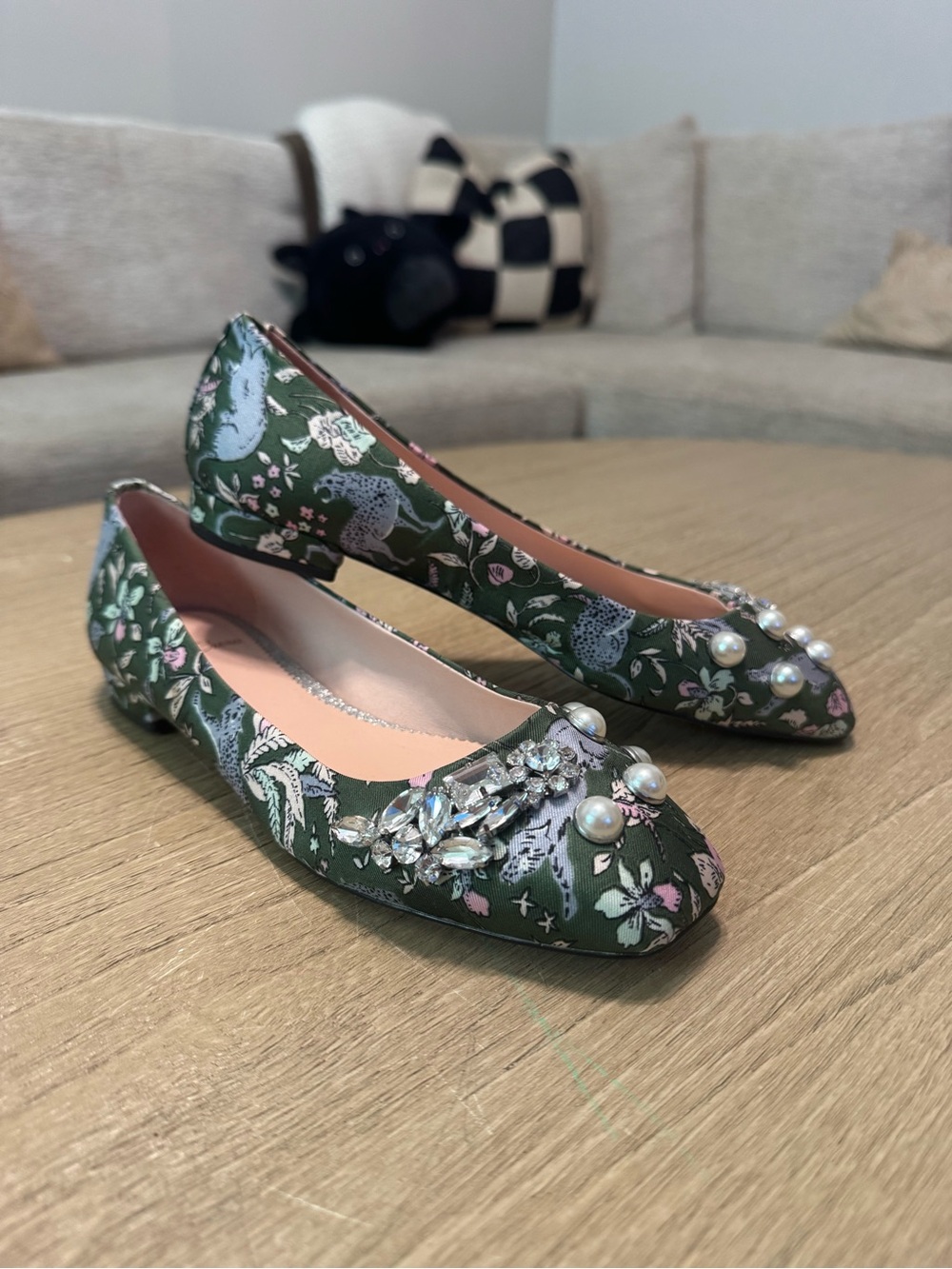 J. Crew Square Toe Embellished Green Floral Ballet Flats